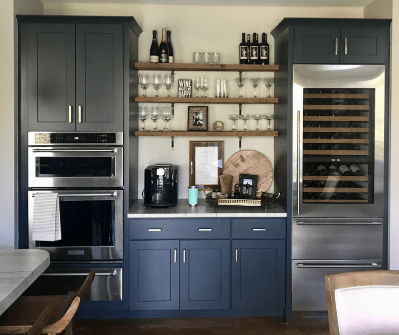 blue kitchen cabinets coffee bar